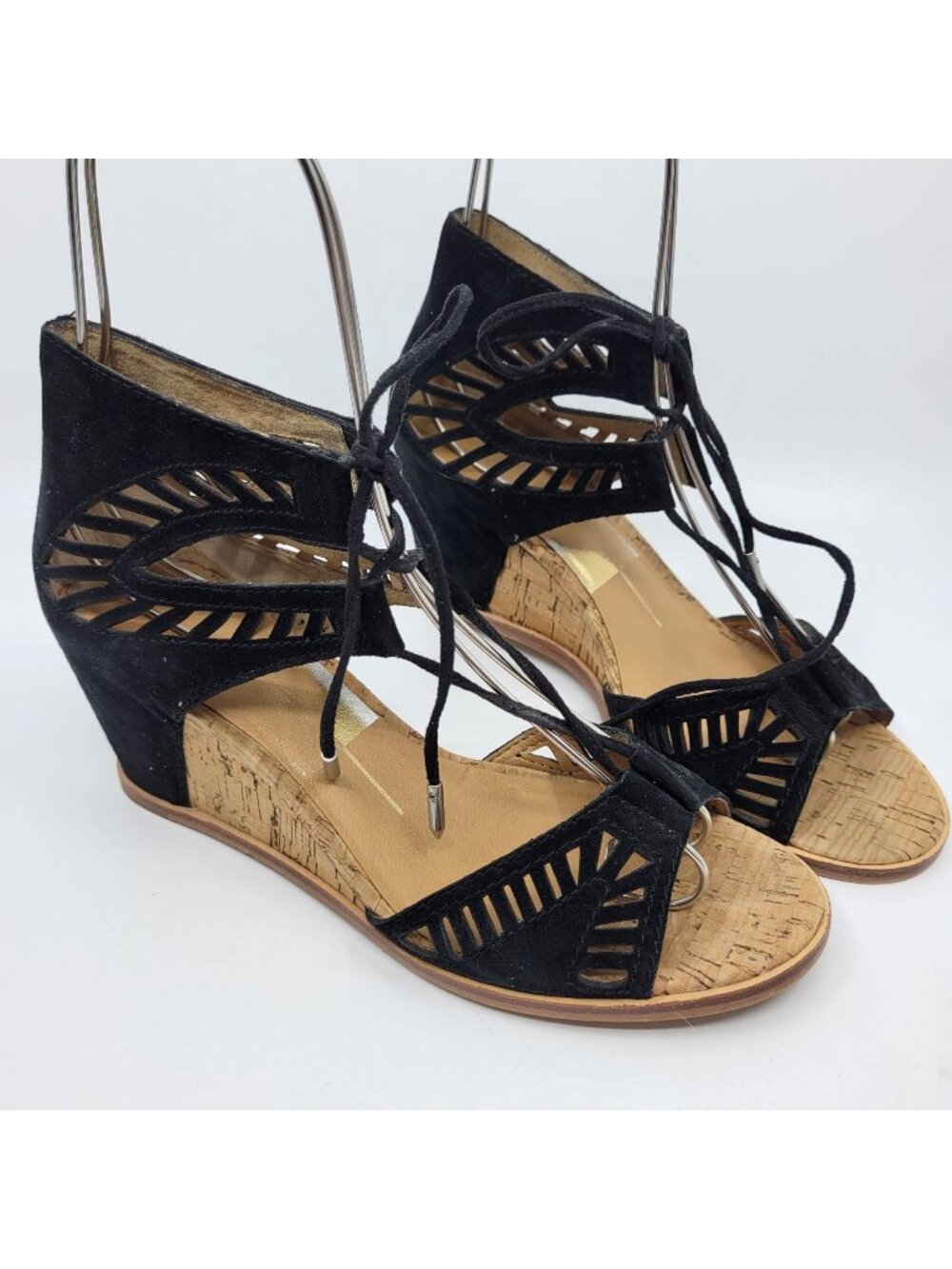 Dolce Vita Linsey Black Wedge Sandals Womens Size 6.5 Black Suede Lace Up Cut Ou